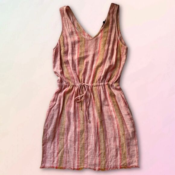 DREW for Anthropologie, Red Nat Dobby, Striped, Drawstring Linen Dress - Picture 2 of 15